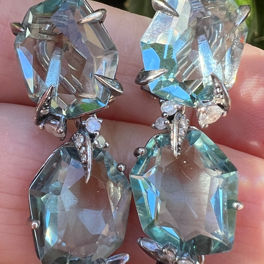 ALEXIS BITTAR FINE BLUE QUARTZ GRAY DIAMONDS LONG DROP DANGLE EARRINGS STATEMENT - Picture 5 of 16